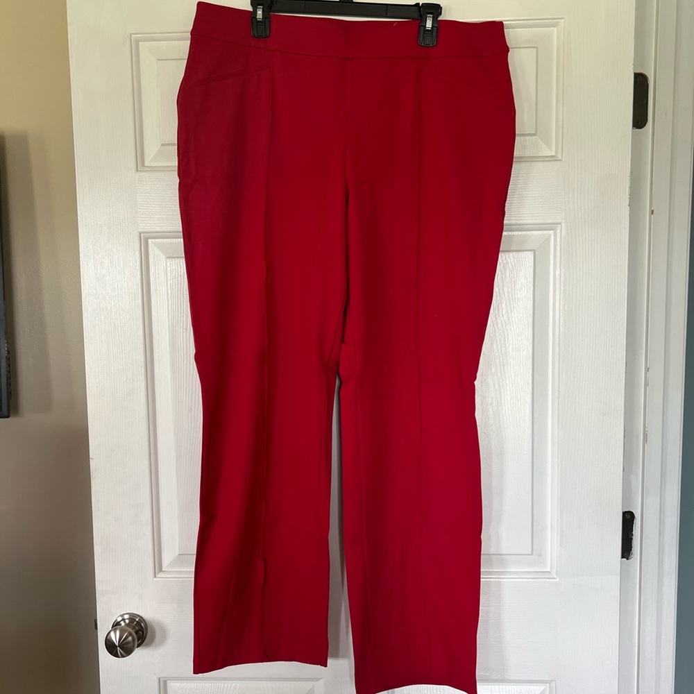 Red pull on dress pants.